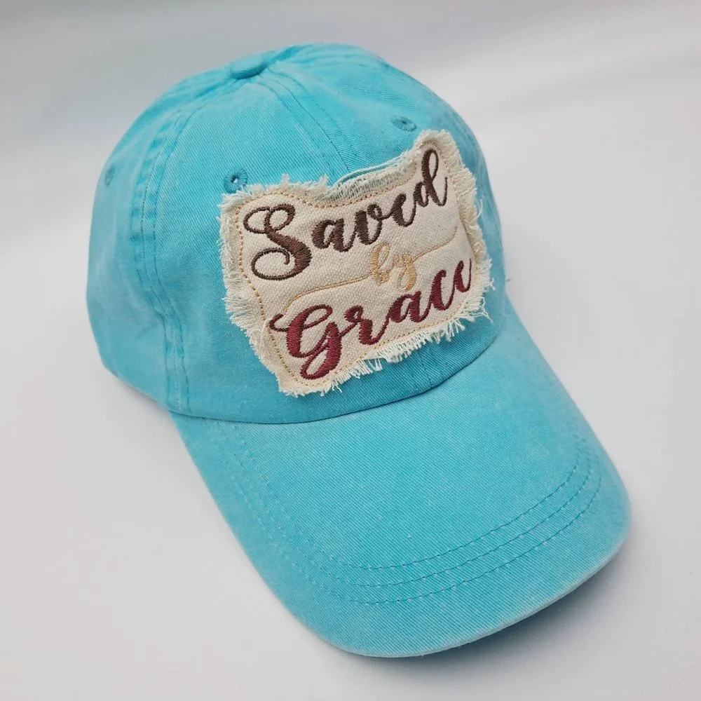 Saved by Grace Women's Hat Cap Religious Cotton Pink Embroidered Ragged Patch
